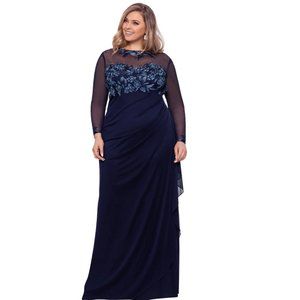 Xscape Long Sleeve Sheer Matte Dress with Blue Embroidered Top  22W